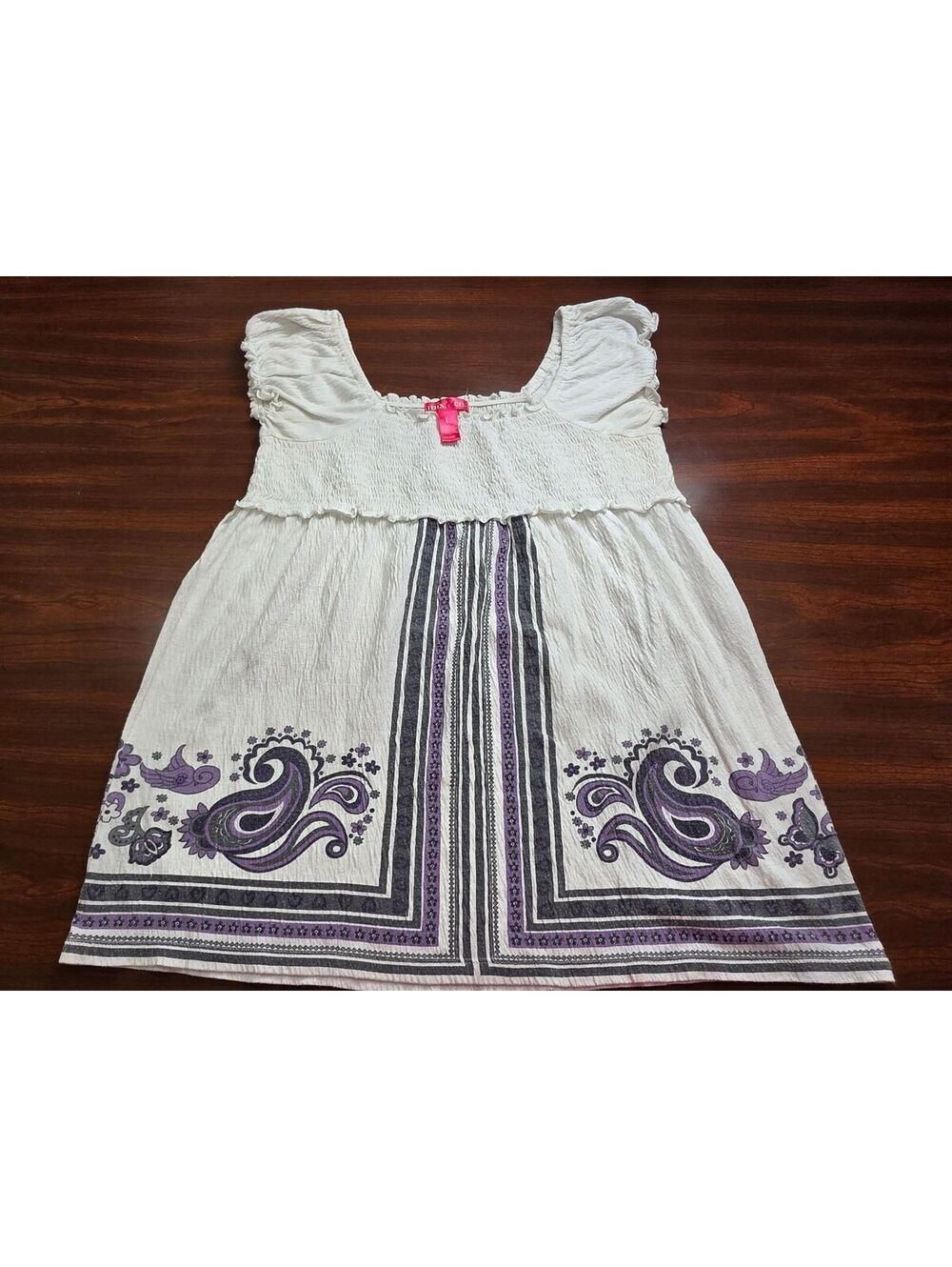 Mix & Co Boho Paisley Smocked Peasant Top Large White Purple Y2K Indie Sleaze